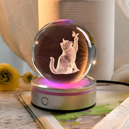 3D Cat Crystal Ball Gifts for Women 80mm Cat Themed Gifts for Girls - color: 3D Cat with Butterfly