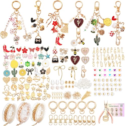 NewOasis 545Pcs Keychain Making Kit, Jewelry Making Supplies with Charms,Bow Bag Charms, Pearls, Chains,DIY Craft Supplies for Custom Keychains, Gift, Party, or Family Activ - color: Gold-545pcs kit