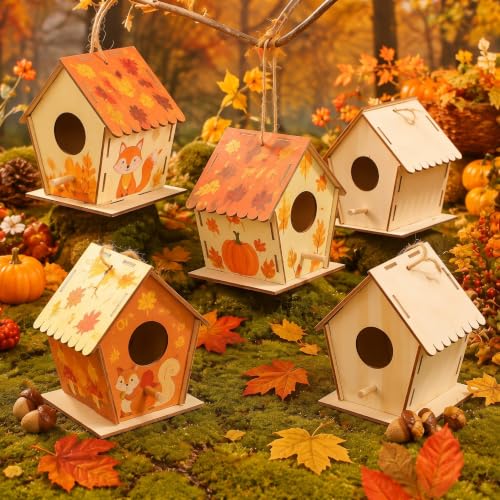 DoubleFill 36 Pack 4.3" Wooden Bird Houses Bulk for Kids with Front Perch