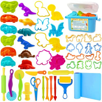 LCY WEDSHI Dough Play Tool Set, 43 Pcs Dough Tools Sets for Kids Ages 4-8 with Storage Container, Dough Accessories Includes 3D Dinosaur Molds, Animal Molds, Cutters Roller, Rolling Pins