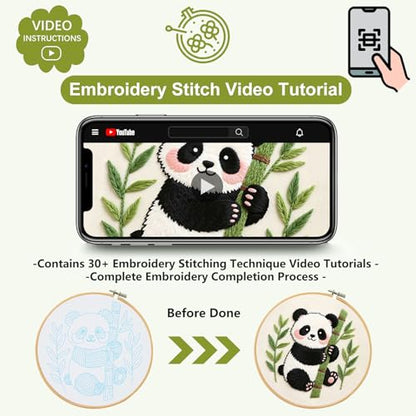 Santune Beginners Embroidery Kit for Adult Needlepoint Cross Stitch Kits Needle Point Sets with Panda Embroidery Patterns, Includes Step-By-Step Instructions and Accessories - color: Panda Series