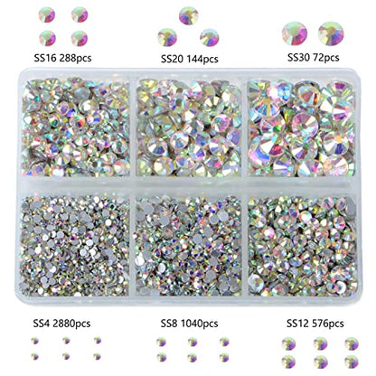 Bymitel 5000 Pieces 6 Mixed Sizes Glue Fix on Glass Rhinestones Round Crystal Gems Flatback for DIY Jewelry Making with one Picking Pen (6-Sizes 5000PCS, Crystal AB) - color: Crystal AB, size: 6-SIZES 5000PCS