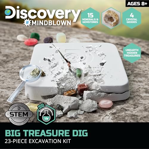 Discovery™ Big Treasure Dig STEM Kit – 23-Piece Excavation Set for Kids| Dig for 15 Gemstones, 4 Crystal Geodes & Pyrite Nuggets| Real Tools| Educational Geology Toy| Science Activity Gift| Ages 8+