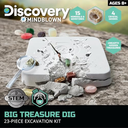 Discovery™ Big Treasure Dig STEM Kit – 23-Piece Excavation Set for Kids| Dig for 15 Gemstones, 4 Crystal Geodes & Pyrite Nuggets| Real Tools| Educational Geology Toy| Science Activity Gift| Ages 8+