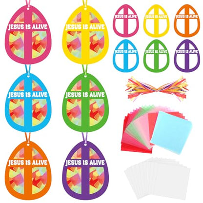 Qyeahkj 36 Set Easter Eggs Suncatchers Crafts for DIY Jesus is Alive Cross Window Tissue Paper Craft Kit Religion Hanging Decor for Church Home Activity Art Project Party Favor Gift - style: Jesus is Alive