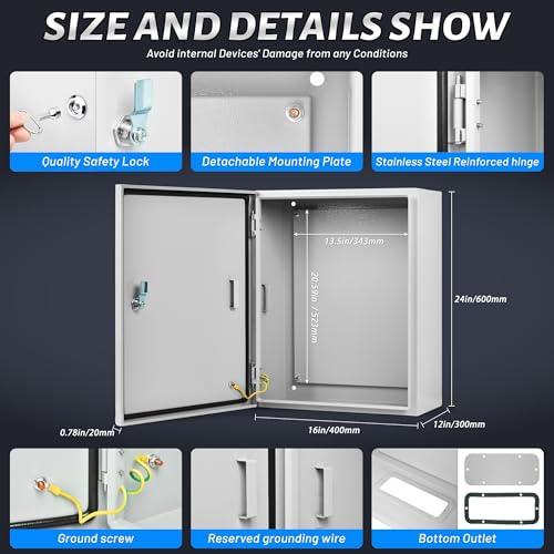 Steel Electrical Junction Box, 24 x 16 x 12 Waterproof & Dustproof Electrical Enclosure, Outdoor & Indoor Universal Project Box with Lock & Mounting Plate - size: 24 x 16 x 12"