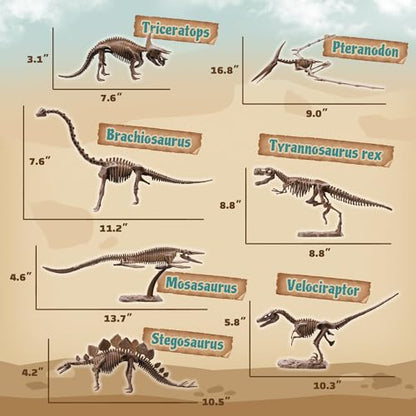 7-Pack Big Dinosaur Fossil Skeleton Building Kit | Take Apart & Rebuild Dinosaur Bones Models | STEM Science Archaeology Toy Gift for Kids 6+ | T-Rex, Triceratops, Velociraptor