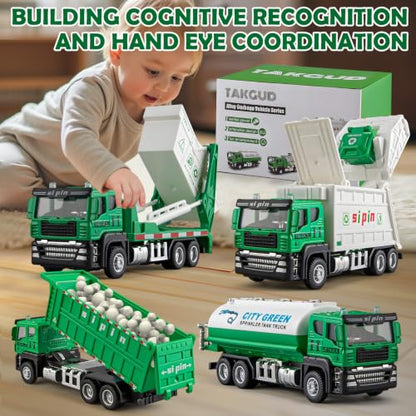 4 Packs Die-cast Mini Garbage Truck Toy, Metal Trash Truck Vehicles Set for Kids, Friction Powered Recycling, Tankers, Alloy Dump Model Toy for Toddlers Boys - style: Garbage Trucks Set