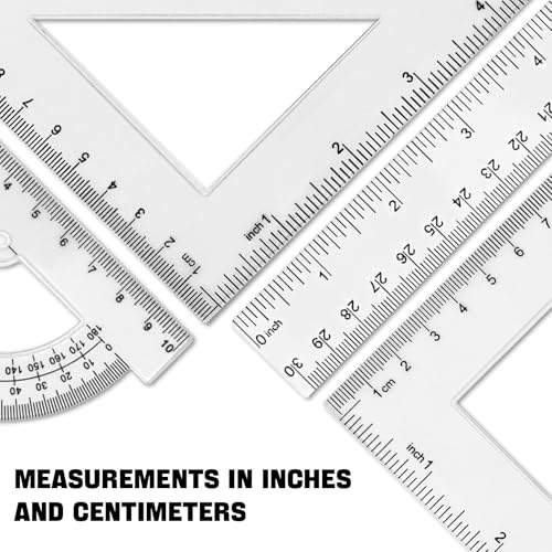 Clear Math Geometry Tool Set,12 Inch Ruler 4 PCS for Measuring and Drafting, Transparent Plastic Straight Ruler, Triangle Rulers, Protractor for Student School Office Supplies, Imperial Metric