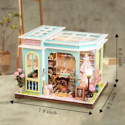 Tailor Shop DIY Miniature House Kit, Wooden Dollhouse with LED for Adults - style: Tailor Shop