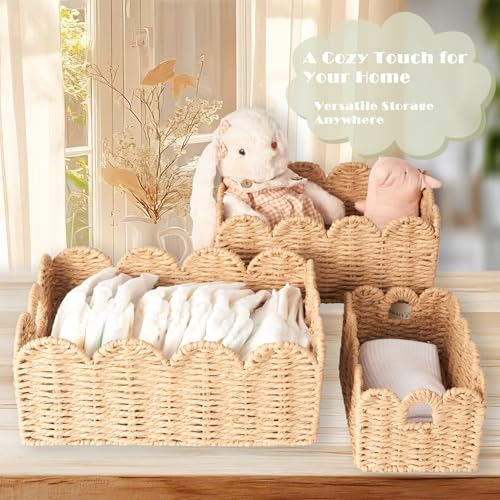 Scalloped Wicker Baskets Set of 3, Hand-Woven Storage with Handles - color: Tan