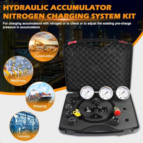 Hydraulic Nitrogen Accumulator Charging Kit, Nitrogen Fill Kit Hydraulic Pressure Test Kit with 3 Gauges 1500/4500/6000 psi, 7 Adapters, Gas Hose & Main Valve Body Gas Charging Tool for Excavators - size: 3 Gauge Accumulator Charging Kit