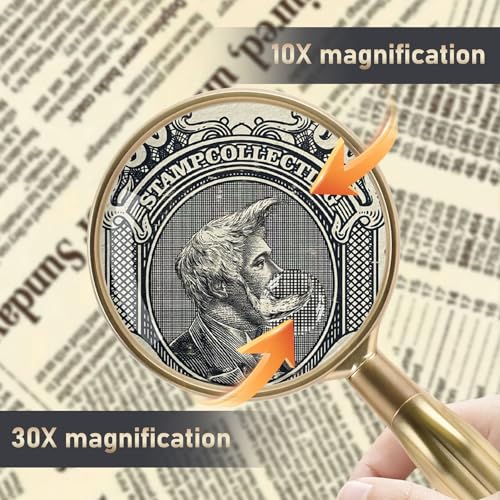 Lakei 10X Reading Magnifying Glass, 75mm Lens, Non-Slip Handle(Gold) - color: Gold, size: 75mm