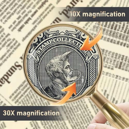 Lakei 10X Reading Magnifying Glass, 75mm Lens, Non-Slip Handle(Gold) - color: Gold, size: 75mm