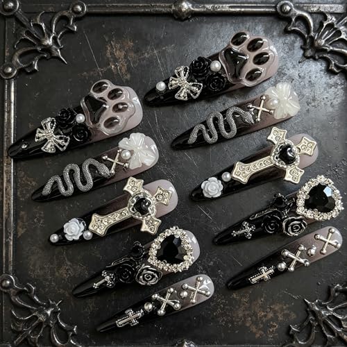 CTRLZTEAM Y2K Gothic Stiletto Press on Nails Pink and Black Grunge 3D Nails - color: Black Dusty Pink, size: M