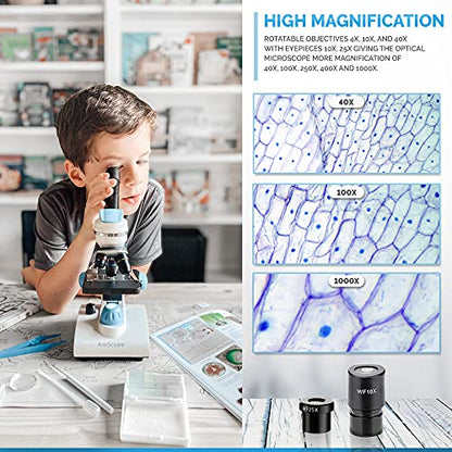 AmScope M162C-2L-WM-SP14 Deluxe Microscope Set - 1000X Dual Light, Glass
