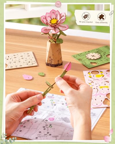 3D Flower Wooden Puzzle for Adults-Pink Lotus, DIY Wooden Flowers - style: TW - Lotus
