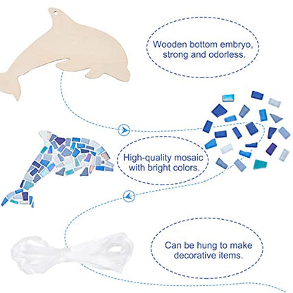 WEBEEDY Make 2 Dolphin Glass Mosaic Kit Creativity DIY Mosaic Kit for Adults Include Glass Mosaics Tiles, Wooden Chips, Ribbon for Christmas Holiday Unique Decor Gift