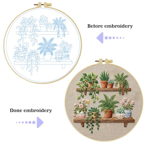 Full Range Embroidery Kit for Adult, Green Plant Pattern Embroidery Kit for Beginners Include Embroidery Cloth Hoops Threads for Craft Lover Hand Stitch with Embroidery Skill Techniques (Book Flowers) - color: Book Flowers