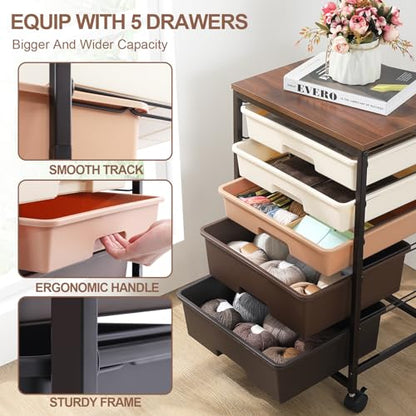 SYKIARIOL Rolling Cart with Drawers, 5 Drawers Utility Cart, Dark Brown - color: Dark Brown