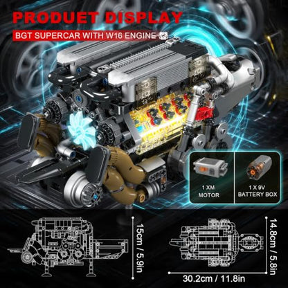 Sosuy W16 Car Engine Model Kit Mini Motor Building Blocks Set that can Runs - color: W16 Engine