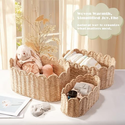 Scalloped Basket Set of 3, Wicker Storage Baskets - Hand-Woven Paper Rope Nursery Organizer for Diaper Caddy, Baby Toys & Shelves, Natural (16x10x7 Inch)