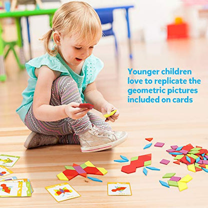Coogam Wooden Pattern Blocks Set 130PCS Geometric Color Shape Manipulative Puzzle – Graphical Montessori Tangram Early Learning Educational Toys Brain Teasers STEM Gift for Kids with 24 Design Cards