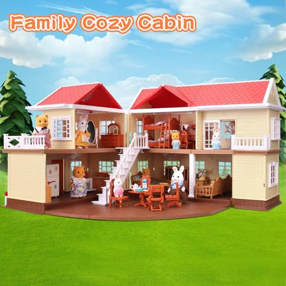 Family Cozy Cabin Doll House Playset, Dollhouse Furniture and Accessories