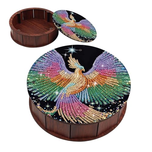 antor Phoenix Diamond Painting Storage Box, Round Wooden DIY 5D Crystal Diamond Art Desktop Ornament Organizer, Handmade Jewelry or Money Storage Box, Home Office Decor Crafts Gifts - color: Phoenix