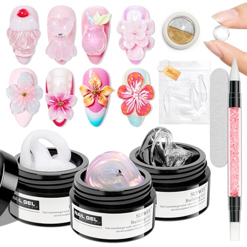 3d Sculpting Gel for Nail Art, Non-Stick Hand Solid Builder Gel - color: Clear&Mikly White&Aurora Pink