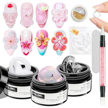 3d Sculpting Gel for Nail Art, Non-Stick Hand Solid Builder Gel - color: Clear&Mikly White&Aurora Pink