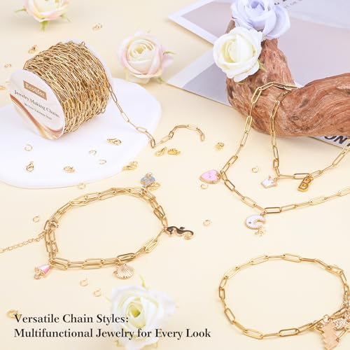 33 Ft 18k Gold Stainless Steel Paperclip Chains Roll - 3mm Width, Gold Plated Chain with Jump Rings & Lobster Clasps - color: Gold 18k 33 Feet 1 Roll 3mm