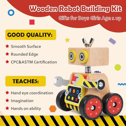 Robot Building Toy, Wooden Little Robot Assembly Kit for Kids 4-8 Years, STEM Educational Woodworking Crafts Projects for Kids, Gift for Boys and Girls 4 5 6 7 8 Years Old
