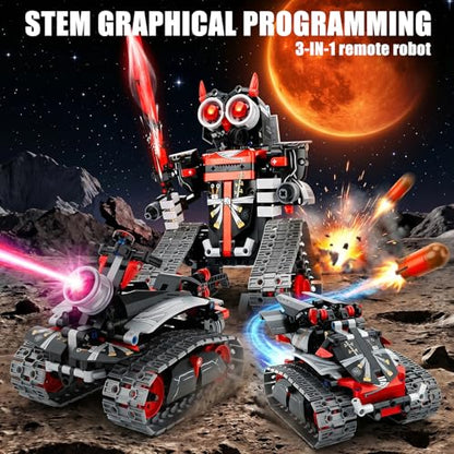 STEM Robot/Tank/Tracked Combat Vehicle 3-in-1 Transforming Mecha RC Car Building Kit for Boys 6-12, Remote & APP Controlled Coding Gear, 419 Pcs Learning Educational Blocks Toy Gift for Kids - color: Red