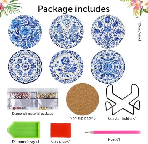 6 Pack Diamond Art Coasters Kits for Adults - Diamond Painting Coasters Kit - color: Blue Flower