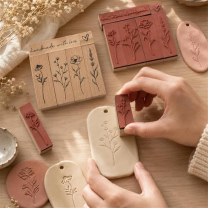 6pcs Wooden Rubber Floral Stamps Set, Crafting, Scrapbooking - color: 6pcs Floral