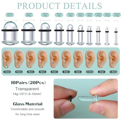 GEMQUEEN 24 Pcs 0.5mm Increments Glass Ear Stretching Kit Hypoallergenic - color: Clear, size: 20pcs|1.6mm-12mm(14g-1/2''), not 0.5mm increments