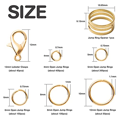 Handyman Crafts Jump Rings Kit With1000PCS Open Jump Rings 40PCS 12mm Lobster Clasps and Jump Rings Opener for Jewelry Making Keychains and Necklace Repair (Gold) - color: Gold