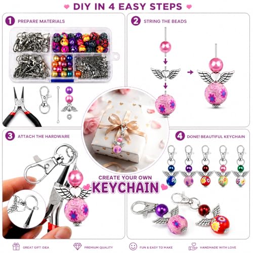 Metacipher 180Pcs DIY Angel Keychain Making Kit with Beads & Pliers - color: Love Wings