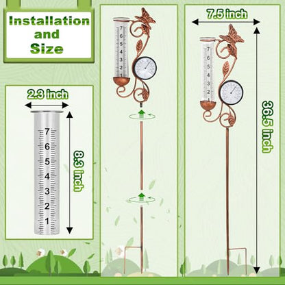 36.5in Butterfly Rain Gauge Thermometer Bronze Metal Garden Stake Decor - color: Bronze Butterfly