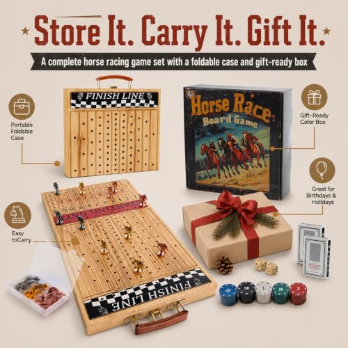 Horse Race Board Game Foldable Solid Wood Horse Racing Game - color: Large Folding Box-light Burnt
