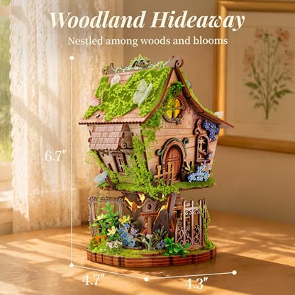 FUNPOLA Rowan’s Treehouse LED 3D Wooden Puzzle Kit, DIY Miniature Fairy Treehouse with Light, Wooden Craft Bookshelf Décor Gift for Adults