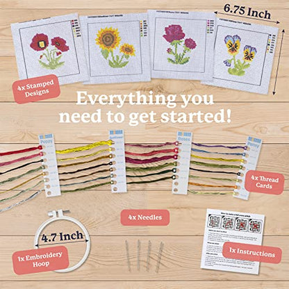 Kraftex Stamped Cross Stitch Kits for Beginners (Flower Theme - 6.75 Inch - 4 Pack 1 x Embroidery Hoop) Embroidery Needlepoint Patterns for Adults, Includes Poppy, Rose, Sunflower and Pansy - style: Flowers - Pansy, Roses, Poppy, Sunflower