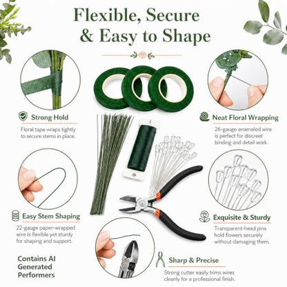 RAINFLOW Floral Tape & Floral Wire Set, 22 & 26 Gauge with Boutonniere Pins