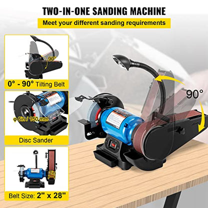 VEVOR 2IN1 2" Belt Grinder for Knife Making, 6" Belt Sander, 3450RPM Belt and Disc Bench Sander 90° Belt Holder with Sturdy Base and LED Working Lamp - size: 6" Grinder & 2" x 28" Belt Sander Combo