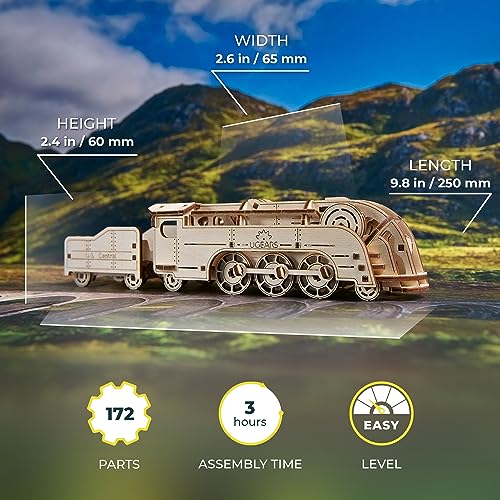 UGEARS Mini Locomotive + V-Express Steam Train with Tender Idea- 3D Wooden Puzzle Model Kits for Adults