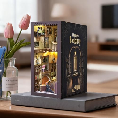 Timeless Bookshop Book Nook Kit with Silicon Liquid Glue - DIY Miniature House Kit for Adults, Teens and Beginners, Dollhouse Booknook Library Tiny House Bookshelf Decor 3D Wooden Puzzle - style: Timeless Bookshop