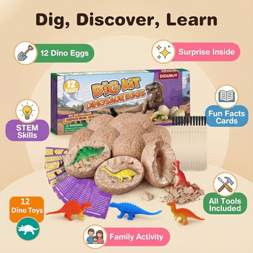 Dino Eggs Dig Kit, 12 Pack Dinosaur Eggs Excavation Science Experiments Kits for Kids 4-12, Dinosaur Toys for 3 4 5 6 7 8 9 10 Year Old Boys Girls - size: Normal