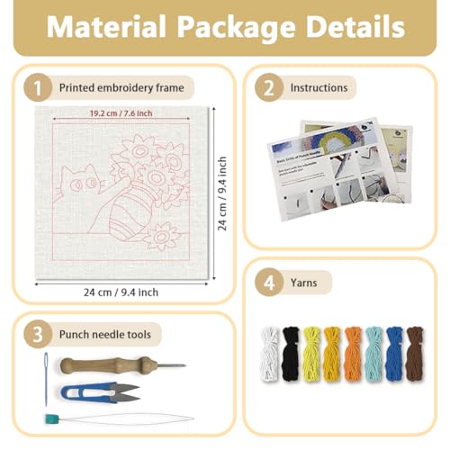 Doodlream Black Cat Sunflower Needle Kit for Beginner, 9.4"x 9.4" Cute Animal Flower Punch Stitching Craft Set, DIY Embroidery Starter with Printed Frame, Instruction, Threader, Yarn, Pinch Needle - color: Cat Sunflower