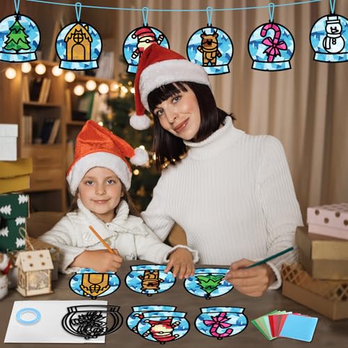 Qyeahkj 36 Set Winter Christmas Suncatchers Craft Kit for DIY Santa Snowman Reindeer Globe Tissue Paper Craft Kit Hanging Decor for Xmas Home Activity Art Project Birthday Party Favor Gift - style: Christmas Snow Globe